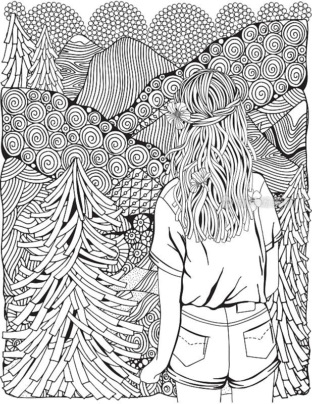 森林里的长发女孩。杉树，河流和山景。成人焦虑缓解涂色书。向量。8.5 x 11英寸的书